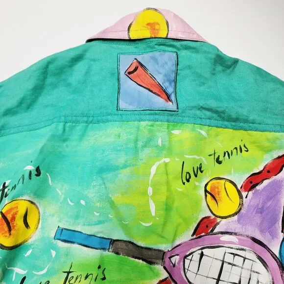 VTG 80s Encore By Silkscapes Hand Painted Tennis Button Up Shacket Size Small P - Picture 11 of 15